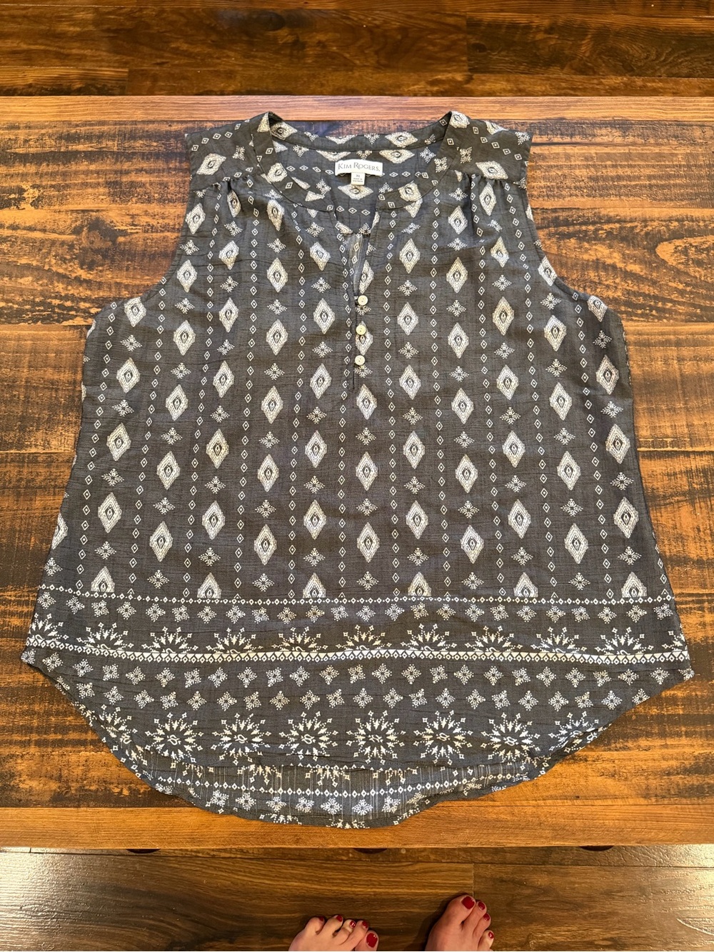 Kim Rogers Charcoal Diamond Print Sleeveless Henley Tank